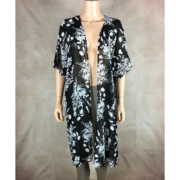 CALVIN KLEIN Black/White Floral Chiffon Cover-up Kimono NWT 4 - Picture 14 of 16